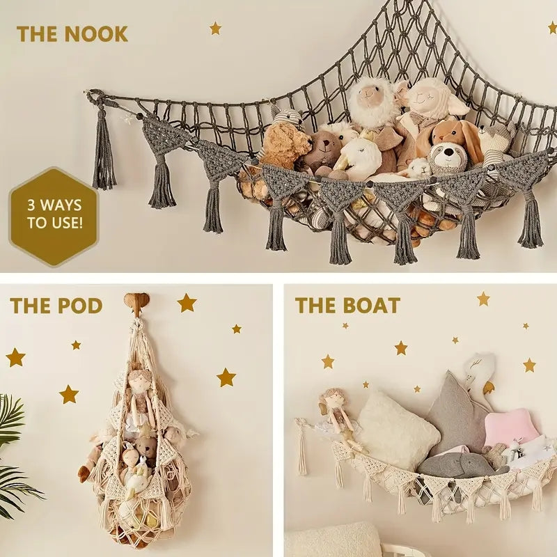 Toy Hammock Corner Net with Color Lights & Heart Tassels - Stuffed Animal Storage Net, 3 Hooks, 72x48x48in for Kids Room, Bedroom & Bathroom | Pink, Gray, White & Black