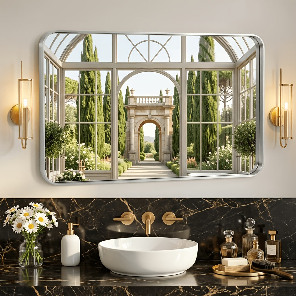 Metal Framed Rounded Rectangle Wall Mirror for Bathroom – Over Sink, Horizontal or Vertical Hanging, Modern Farmhouse Decor, Matte Black, Gold & Silver, Multiple Sizes 16x20 to 36x48 In