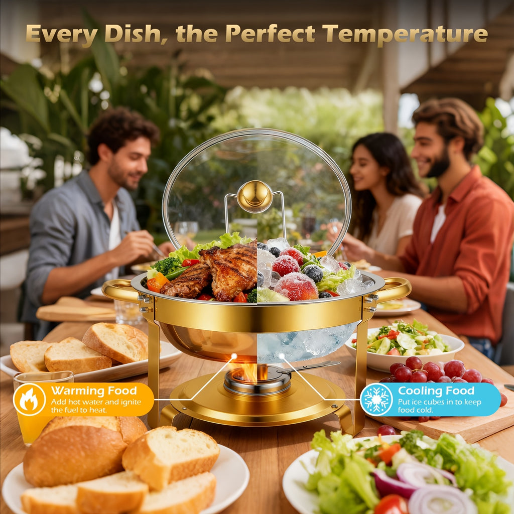 Stainless Steel Chafing Dish Buffet Set 5QT Round - Premium Food Warmer Server with Dome Lid for Parties, Banquets, Weddings & Catering, Available in 1, 2 & 4 Pack Golden Finish