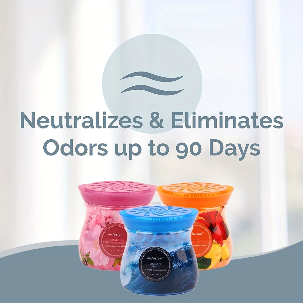 Odor Eliminator Gel Beads Air Freshener 3-Pack 14 oz Each – Essential Oil Formula, Mango Maitai, Cherry Blossom & Ocean Surf Scents for Bathroom, Car, RV & Pet Areas