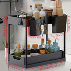 Bathroom Shelves Set of 2 – Punch-Free Retractable 2-Tier Storage Rack with Hooks & Hanging Cups for Bathroom, Kitchen & Laundry