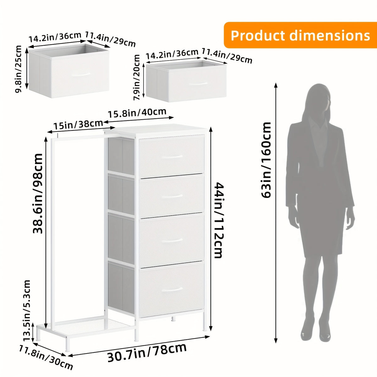 Fabric Dresser with Clothes Rack & Drawer Tower – 4 or 5 Drawers, Sturdy Frame, Optional LED Lighting & USB Charging Station for Bedroom