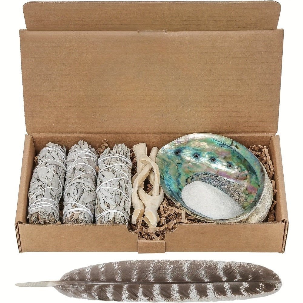 White Sage Smudge Kit 6-Piece Complete Altar Set – 4" Sage Sticks, Abalone Shell, Carved Cobra Tripod Stand, Turkey Feather, White Sand & Blessing Card for Cleansing & Meditation
