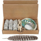 White Sage Smudge Kit 6-Piece Complete Altar Set – 4" Sage Sticks, Abalone Shell, Carved Cobra Tripod Stand, Turkey Feather, White Sand & Blessing Card for Cleansing & Meditation