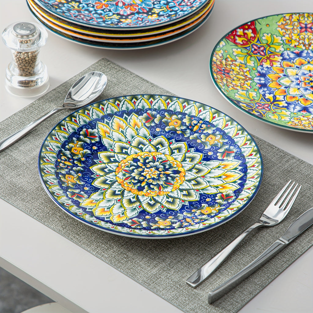 Bohemian Stoneware Dinner Plate Set of 6 – 10.5 Inch Colorful Hand-Painted Ceramic Plates | Microwave & Dishwasher Safe | Home, Restaurant & Wall Decor