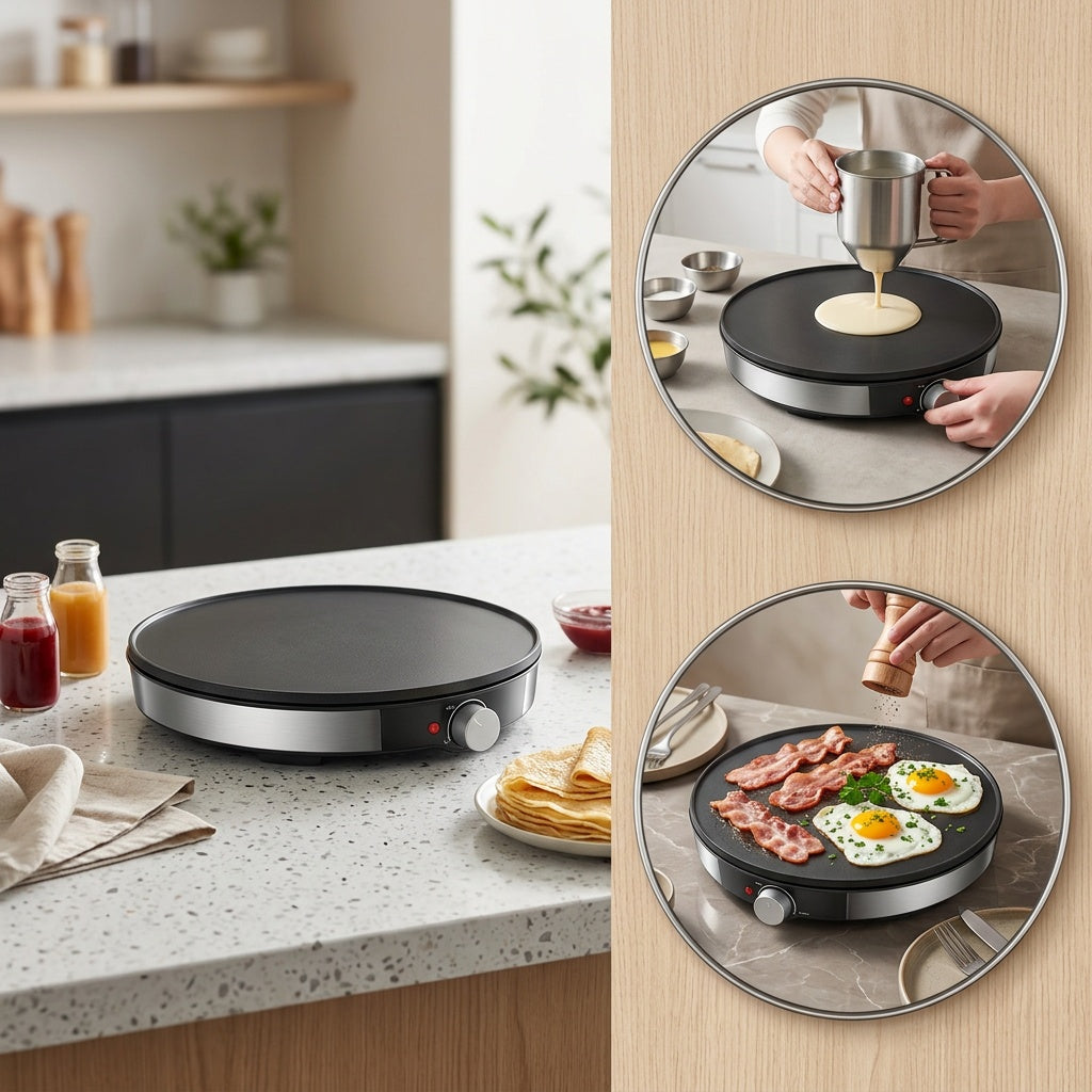 Electric Crepe Maker 12 Inch Nonstick Pancake Griddle 1000W with Precise Temperature Control - Includes Batter Spreader & Spatula for Crepes, Eggs, Omelets, Quesadillas, Hash Browns - Home Kitchen