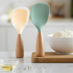 Silicone Rice Spoon with Wooden Handle 2 Pack Heat Resistant Standing Serving Spatula for Nonstick Pans Rice Cooker Grains Potato Orange White Green Gray Black