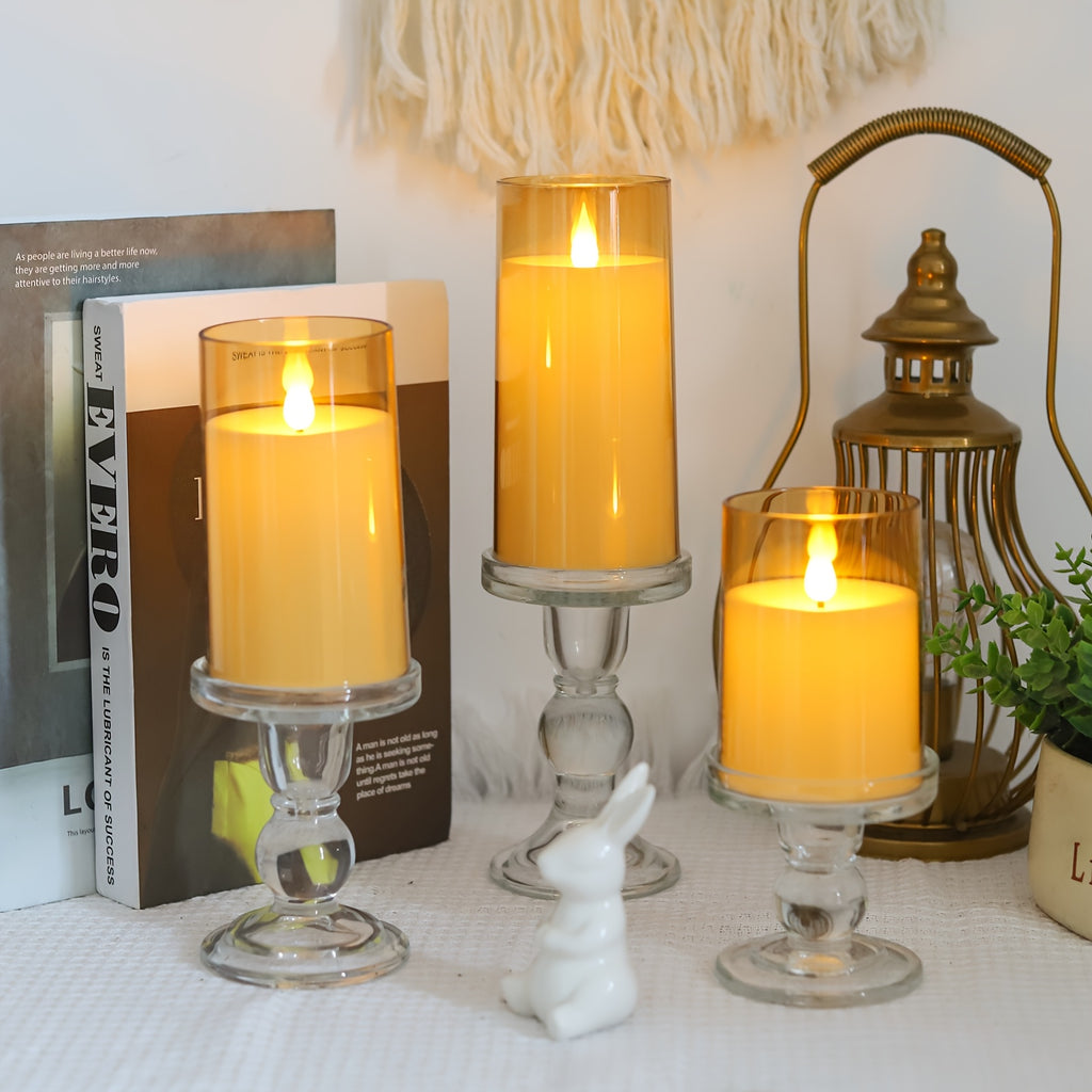 Flameless LED Pillar Candles Set of 5 with Remote Control & Timer, Battery Operated Flickering Candles, 3-Inch Diameter Organic Glass, 4" 5" 6" 8" Sizes - Ivory, Gray & Amber for Home & Halloween Decor