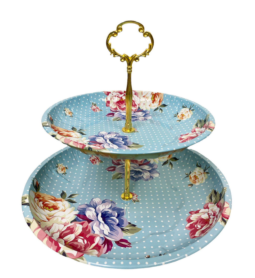 2 Tier Floral Metal Cake Stand Dessert Tower - Vintage Pastry Cupcake Serving Tray for Tea Party, Baby Shower, Birthday & Wedding Table Centerpiece Decoration