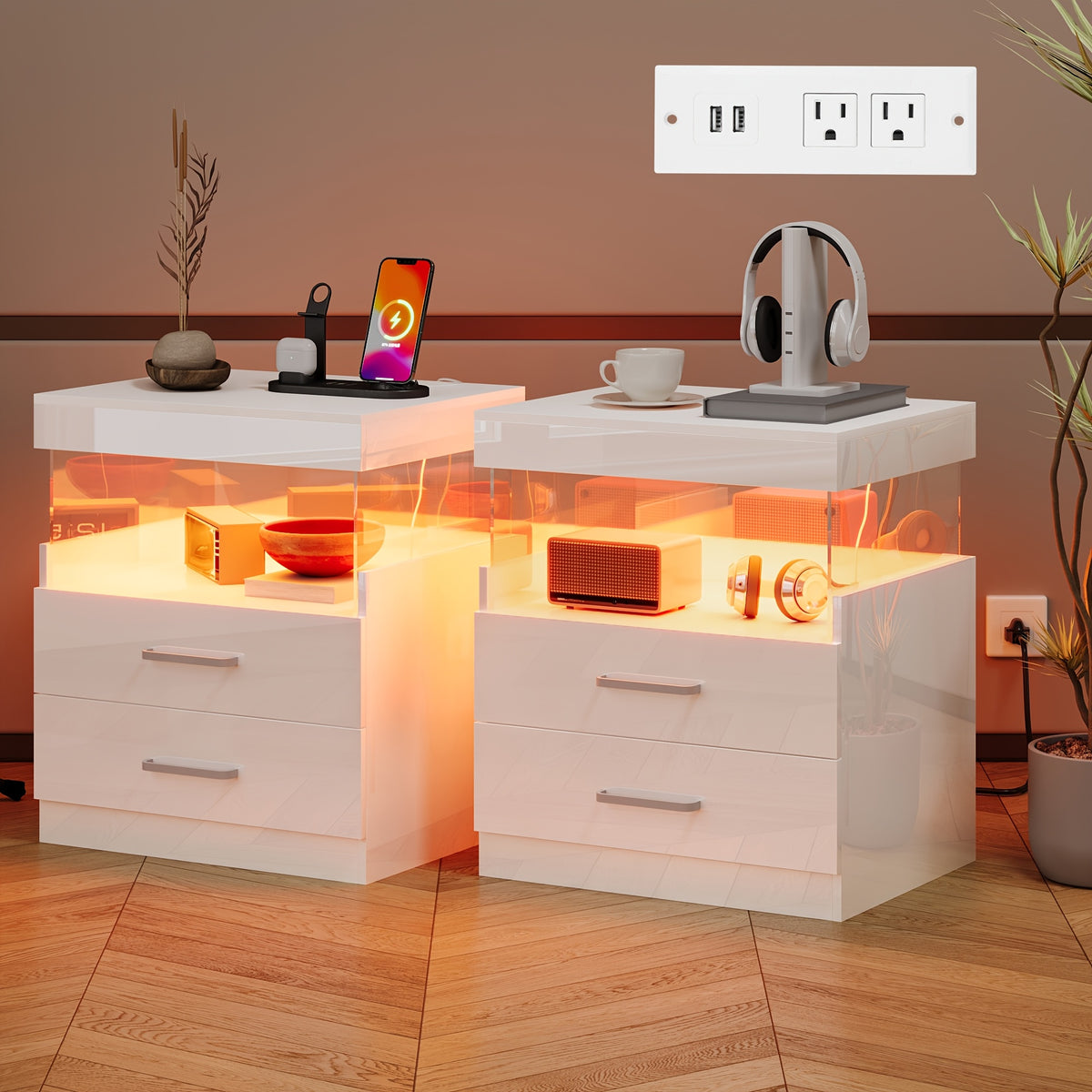 LED Nightstand with Charging Station USB Ports Outlets High Gloss Adjustable LED Lights 2 Storage Drawers Wood End Table Bedroom Living Room White Black 1pc or 2pcs