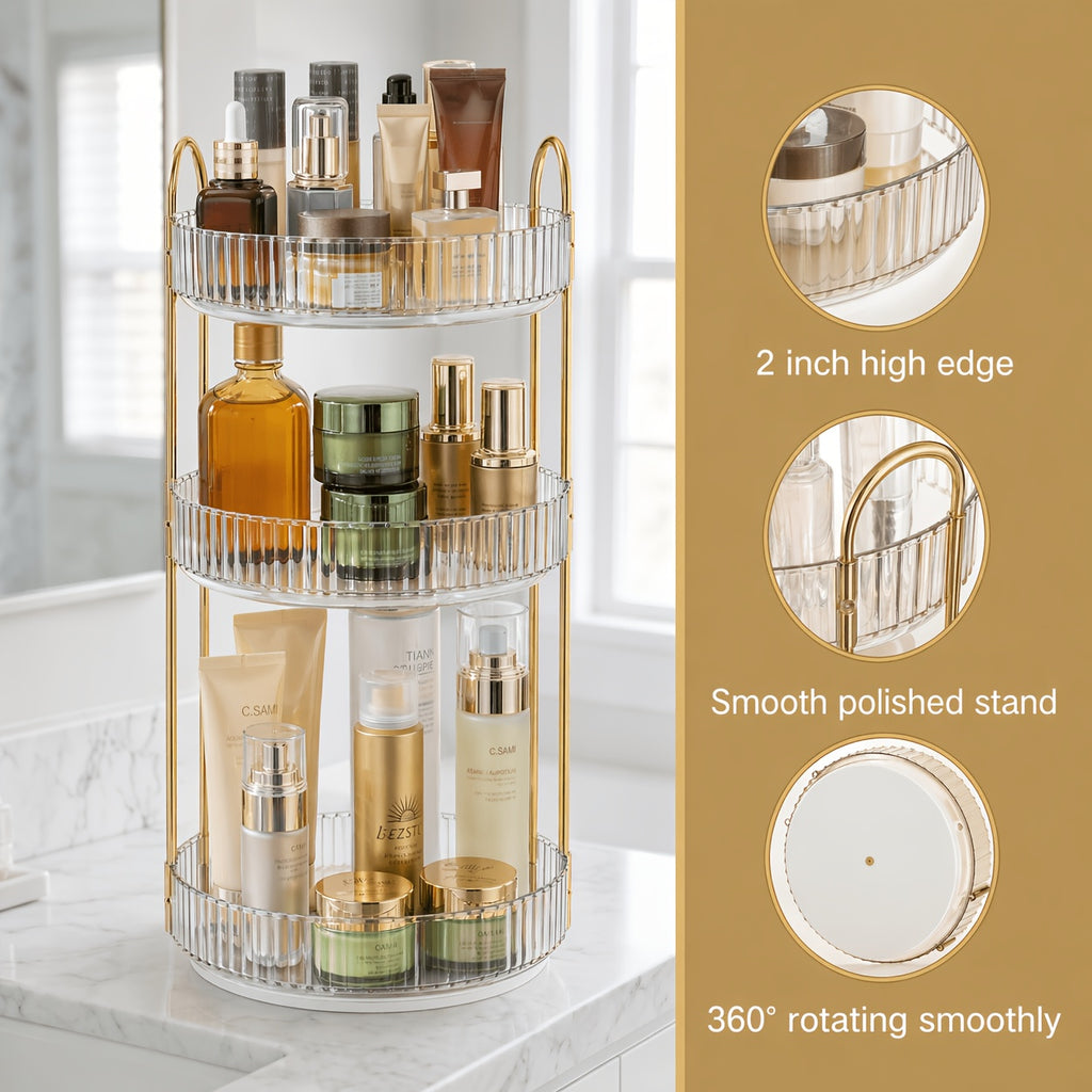 360° Swivel Makeup Organizer 3-Tier Countertop - Rotating Perfume & Cosmetic Organizer, Large Capacity Skincare Storage Rack for Bathroom Dresser Vanity