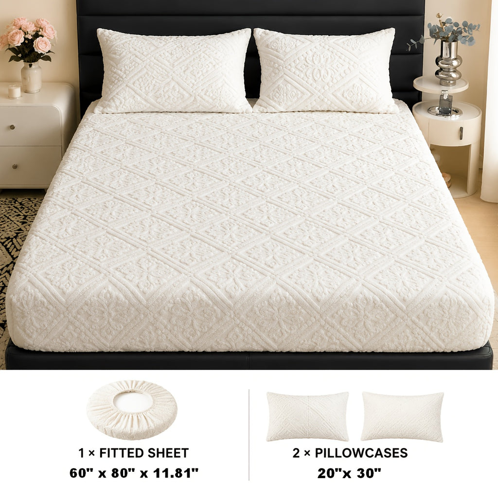 Embossed Fitted Sheet Set Super Soft Deep Pocket - European Texture Bed Sheets All Season, Machine Washable, Optional Pillowcases, Twin Full Queen King Sizes, 5 Colors Bedroom Bedding