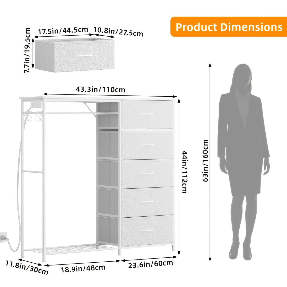 Fabric Dresser with Clothes Rack & Drawer Tower – 4 or 5 Drawers, Sturdy Frame, Optional LED Lighting & USB Charging Station for Bedroom