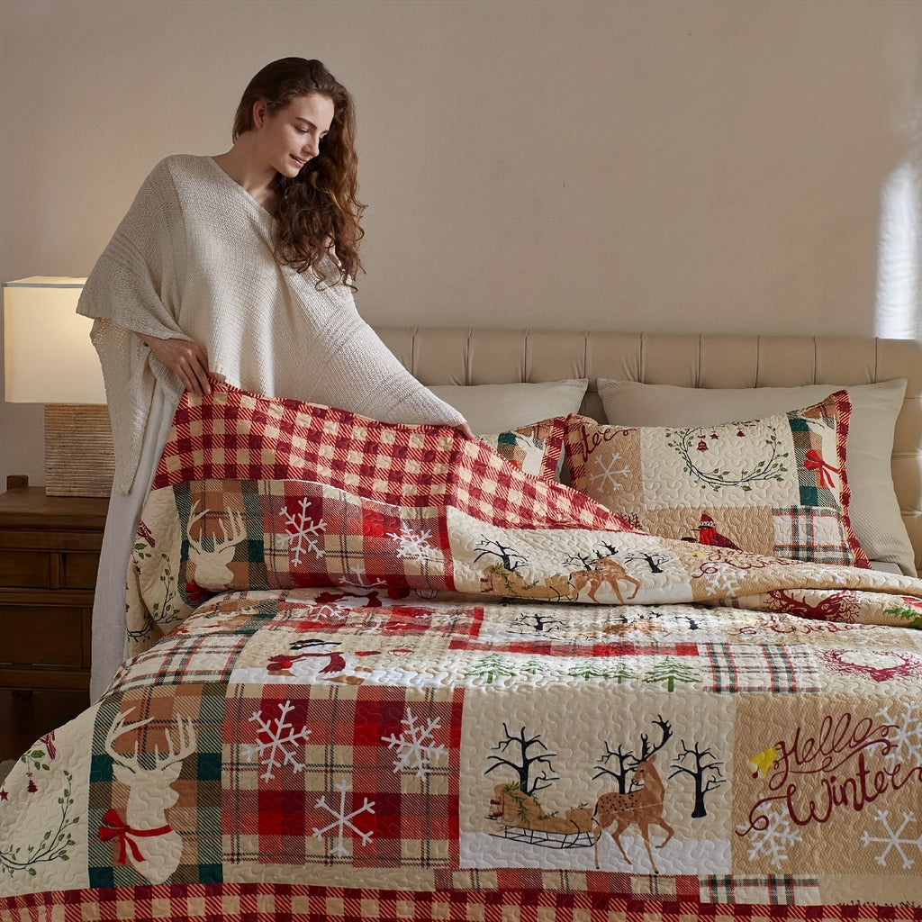 Christmas Quilt Set Queen King 3 Piece – Rustic Lodge Deer Snowman Snowflake Holiday Bedding Ensemble, Quilted Bedspread Coverlet with Pillow Shams, Machine Washable Lightweight Comforter