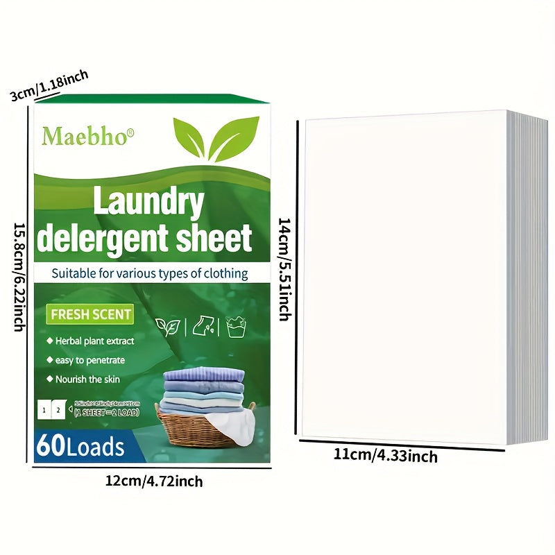 Hypoallergenic Laundry Detergent Sheets 60 Loads Fresh Scent – Liquidless Stain & Odor Remover Sheets, Travel-Size, Works in Hot & Cold Cycles, Eco-Friendly No Plastic Jug