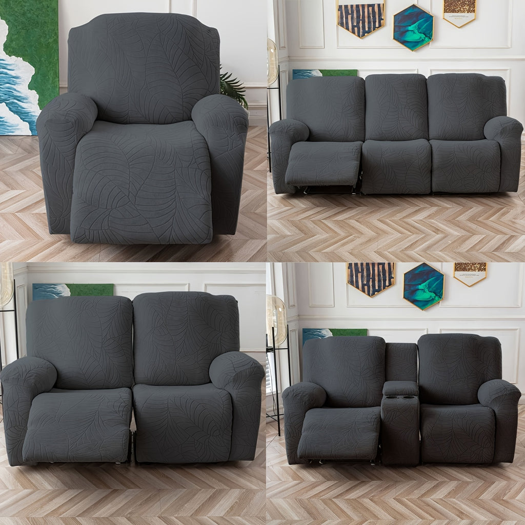 Jacquard Stretch Recliner Sofa Cover – Big Leaves Pattern, 1/2/3 Seater & Loveseat with Console, Winter Insulation Soft Washable, 6 Colors