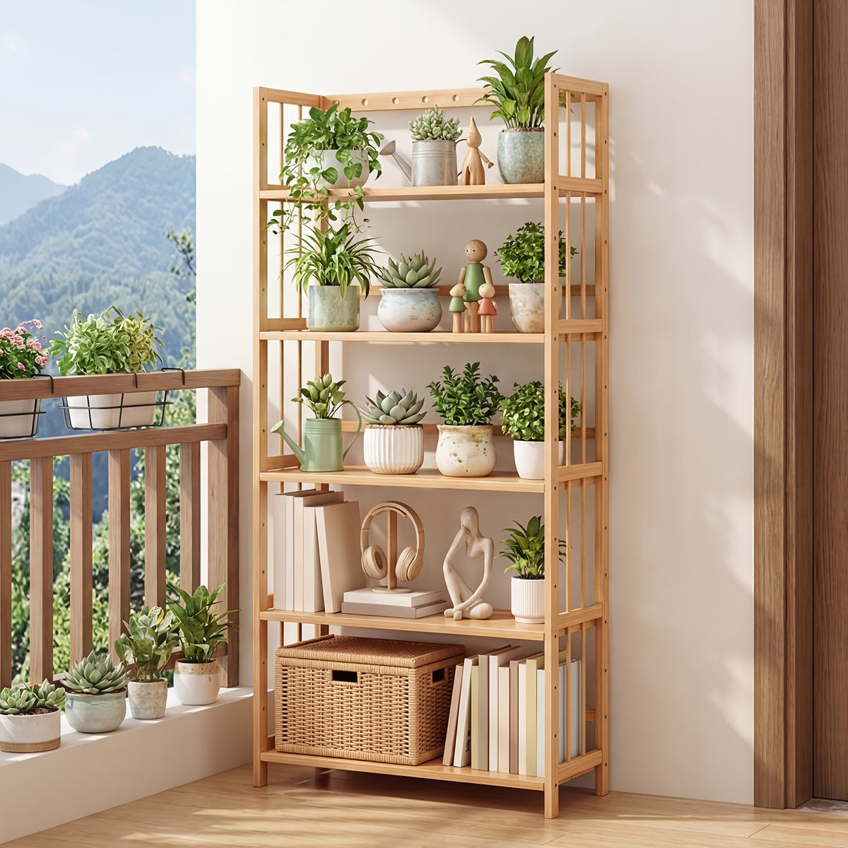 Bamboo Bookshelf Narrow 4 or 5 Tier Adjustable Shelves – Natural Wooden Bookcase Standing Storage Shelf Organizer for Small Spaces, Bedroom, Living Room & Home Office