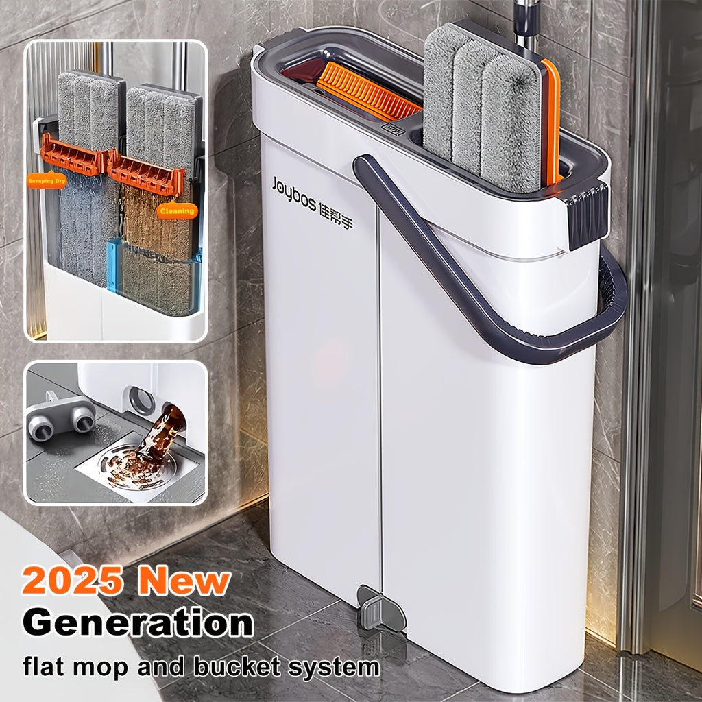 Dual-Bucket Flat Mop and Bucket System with 2025 Floating Scraper – Wash & Dry Separation, Widened Mop Head, Stainless Steel Rod & 4/6 Washable Microfiber Pads for Hardwood, Tile & Wall