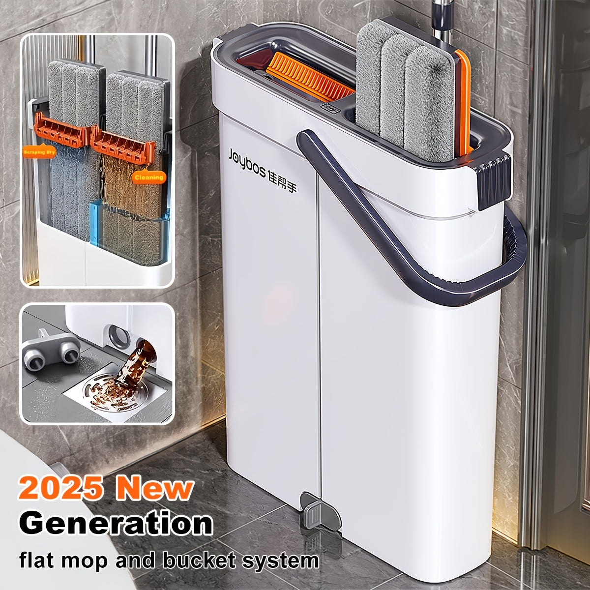 Dual-Bucket Flat Mop and Bucket System with 2025 Floating Scraper – Wash & Dry Separation, Widened Mop Head, Stainless Steel Rod & 4/6 Washable Microfiber Pads for Hardwood, Tile & Wall