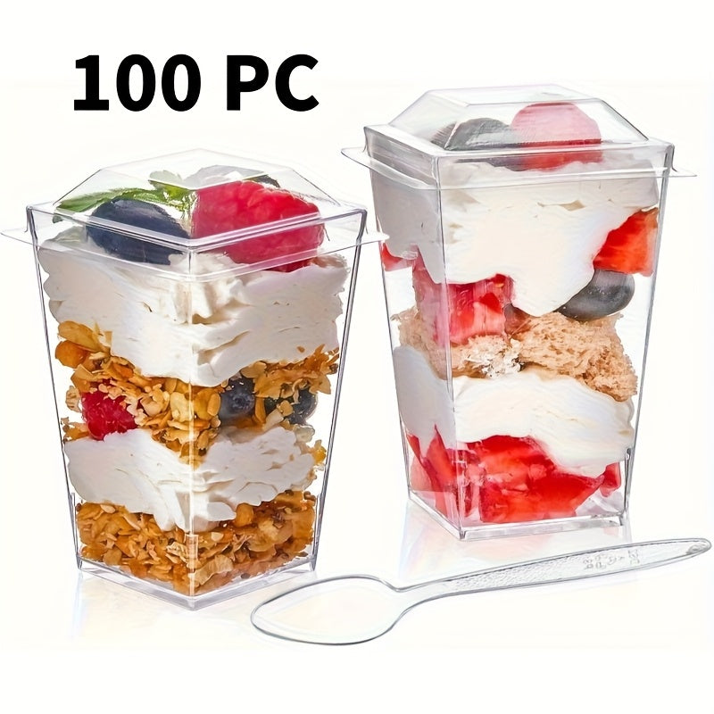 Clear Plastic Mini Dessert Cups with Lids & Spoons 50 or 100 Count – 5oz Tasting Containers for Cheesecake, Fruit Salads, Holiday Parties & Picnics