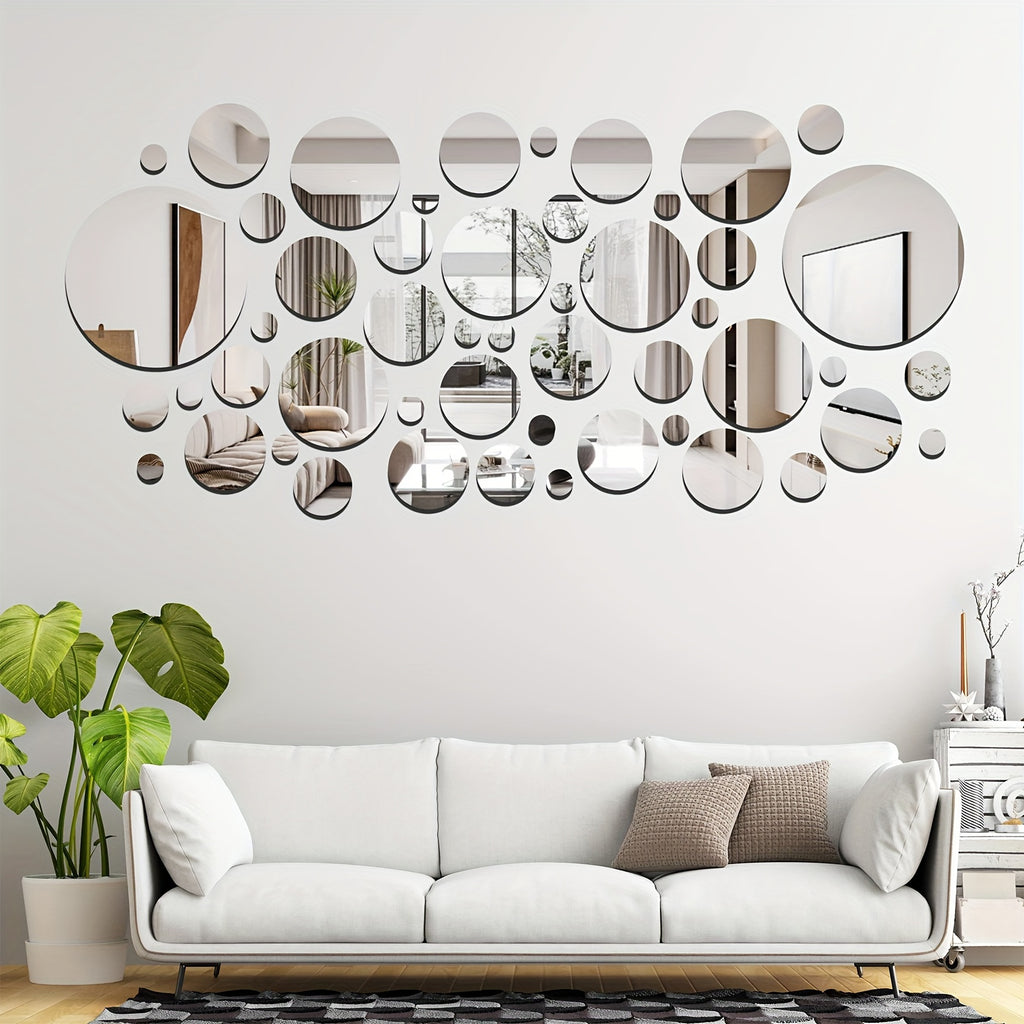 3D Mirror Wall Stickers 50pcs Round Self-Adhesive Acrylic Wall Decals in Multiple Sizes 0.9-5.9 Inch, Waterproof Shatterproof DIY Wall Art for Bedroom, Bathroom, Living Room & Office