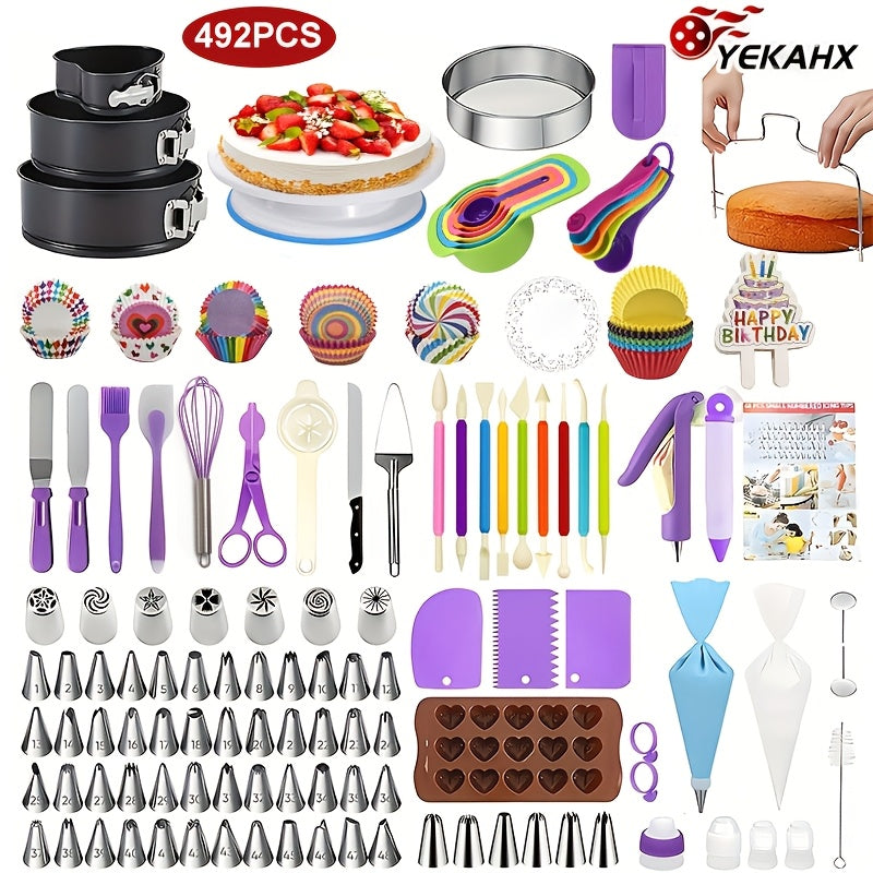 492 Piece Cake Decorating Set with Rotating Turntable Piping Tips & Reusable Piping Bags - Complete Professional Baking Kit for Home Bakers