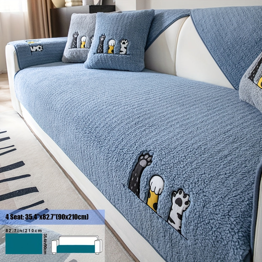 Sherpa Sofa Cover with Cat Paw Embroidery – Thick Plush Non-Slip Couch Slipcover, Pet-Friendly & Machine Washable Furniture Protector