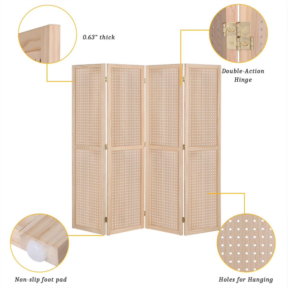 5 FT Freestanding Pegboard Room Divider | Wood Folding Privacy Screen & Display Board Organizer with Support Feet – White, Black, Natural, Grey | Craft Shows, Retail & Home