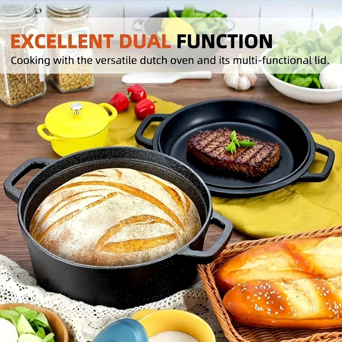 Pre-Seasoned Cast Iron Dutch Oven Set 2-in-1 with Lid, Scraper & Stand – Deep Pot for Camping, BBQ, Bread Baking & Stovetop Cooking