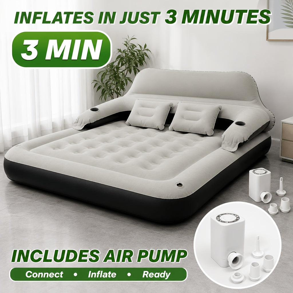 Inflatable Air Mattress Double Bed with Backrest Pillow & Built-In Pump – Portable Camping & Home Guest Bed, 39in Wide Self-Inflating Sleep Mat