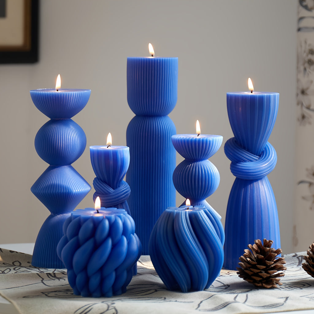 7-Pack Large Ribbed Soy Wax Pillar Candles – Handmade Home Decor Candles for Housewarming Gift, Shelf Decor, Wedding & Dining Table Centerpiece, White, Blue, Black, Orange