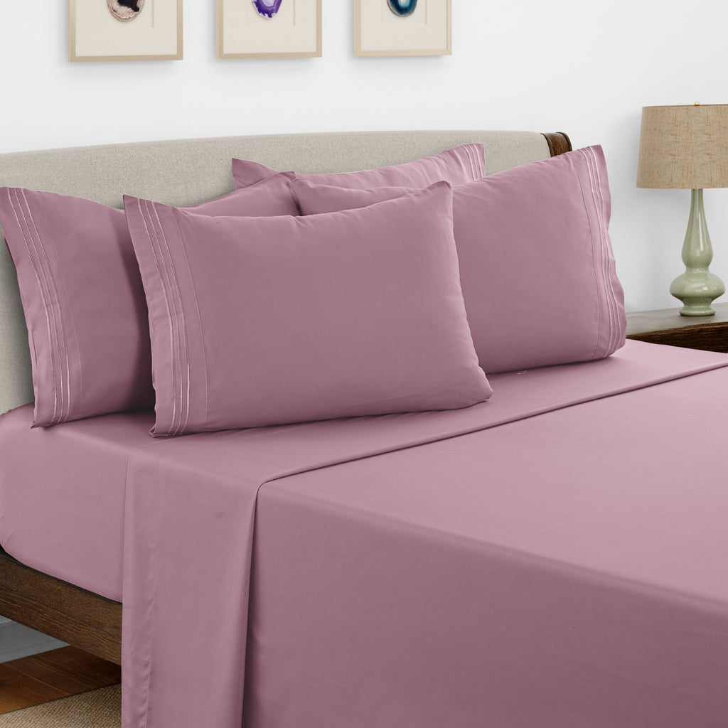 Brushed Microfiber Bed Sheet Set 6 Piece with Embroidered Pillowcases - Hotel Luxury Deep Pocket 16 Inch, Soft Breathable All Season, 24 Colors, Twin Twin XL Full Queen King Cal King