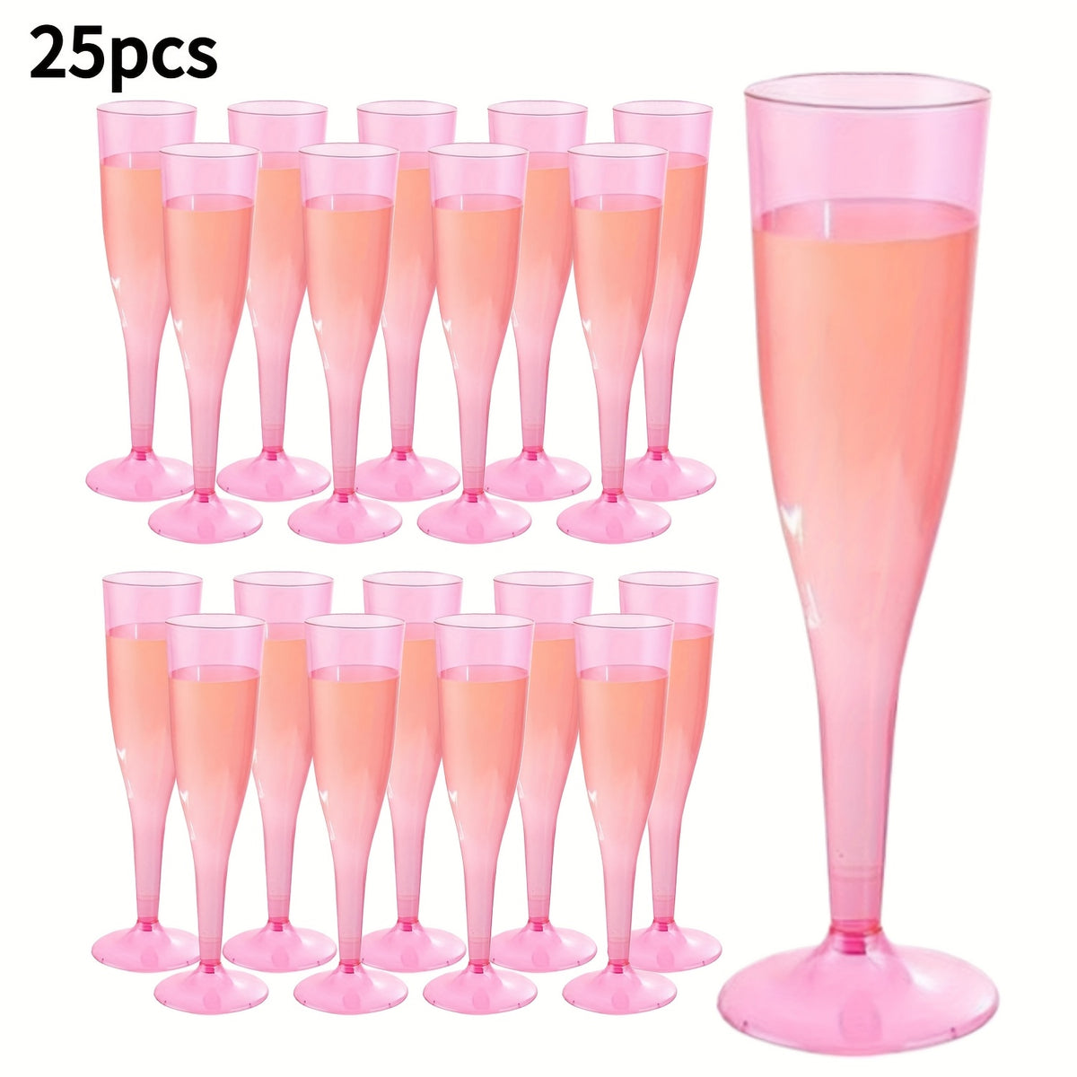 Pink Plastic Champagne Glasses 25 or 50 Pack Transparent Disposable Mimosa Cups BPA-Free PS Flutes for Weddings Cocktails Holidays Outdoor Events