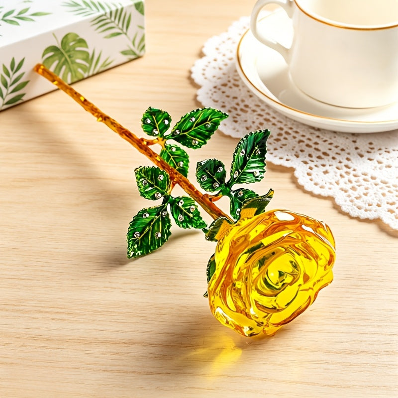 Crystal Rose Decorative Accent Flower Sculpture, Single Stem Glass Rose Home Decor Ornament, Indoor Outdoor Room Decoration, Valentine's Day Christmas Birthday Gift for Her Him – 4 Colors