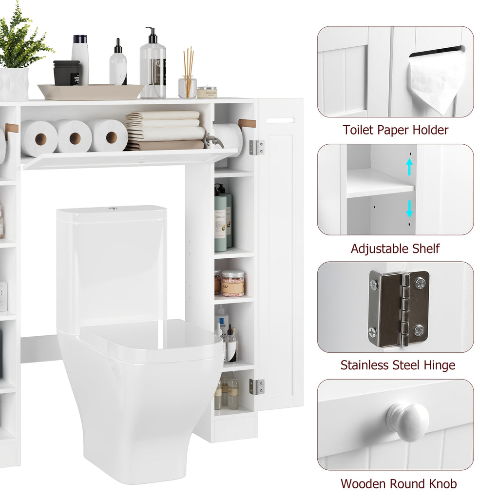 Over Toilet Storage Cabinet White Bathroom Cabinet with Toilet Paper Holder Adjustable Shelves Two Side Doors and Pull-Down Door Space Saving Bathroom Organizer