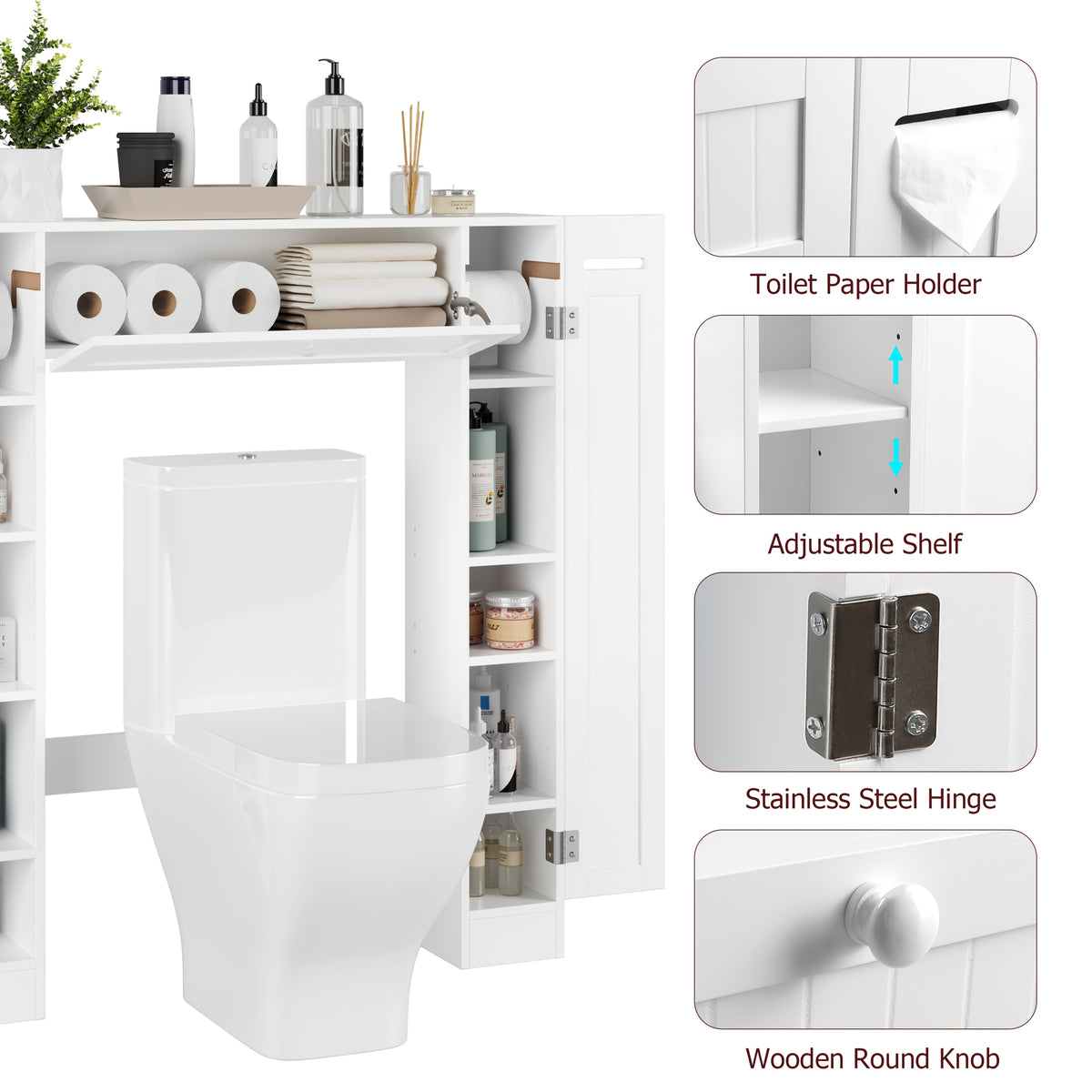 Over Toilet Storage Cabinet White Bathroom Cabinet with Toilet Paper Holder Adjustable Shelves Two Side Doors and Pull-Down Door Space Saving Bathroom Organizer