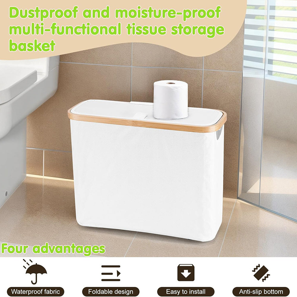 Bamboo Toilet Paper Storage Basket with Lid Holds 12 Rolls, Multi-Functional Bathroom Organizer with Tissue Holder Hook – Countertop Bathroom Decor, Black, Gray, White & Purple