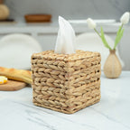 Boho Wicker Tissue Box Cover Square | Water Hyacinth Decorative Woven Facial Tissue Holder for Table, Bathroom & Vanity | Art Deco Style | Yellow