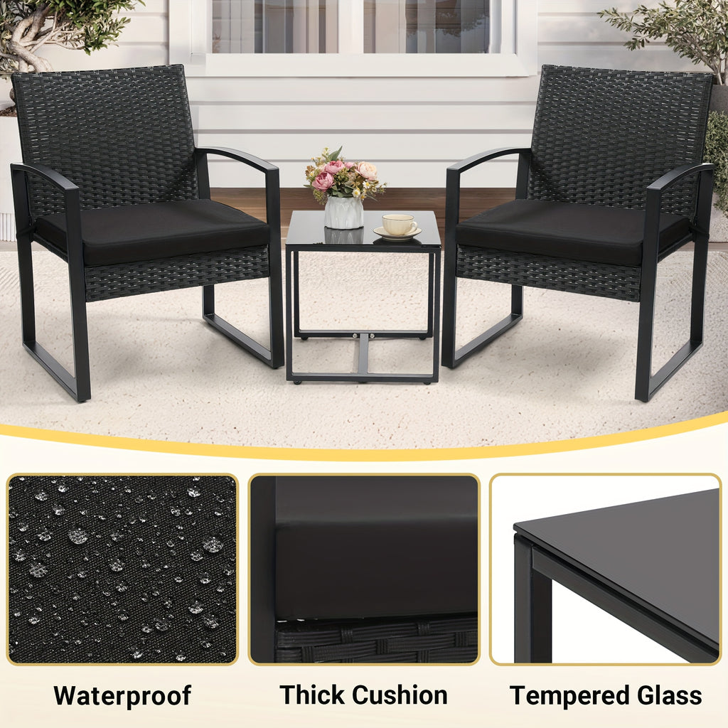 Rattan Bistro Set 3 Piece Outdoor Patio Furniture with 2 Chairs & Glass Top Table, Plush Cushions Conversation Set for Backyard, Balcony and Garden, Black Rattan Frame