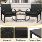 Rattan Bistro Set 3 Piece Outdoor Patio Furniture with 2 Chairs & Glass Top Table, Plush Cushions Conversation Set for Backyard, Balcony and Garden, Black Rattan Frame