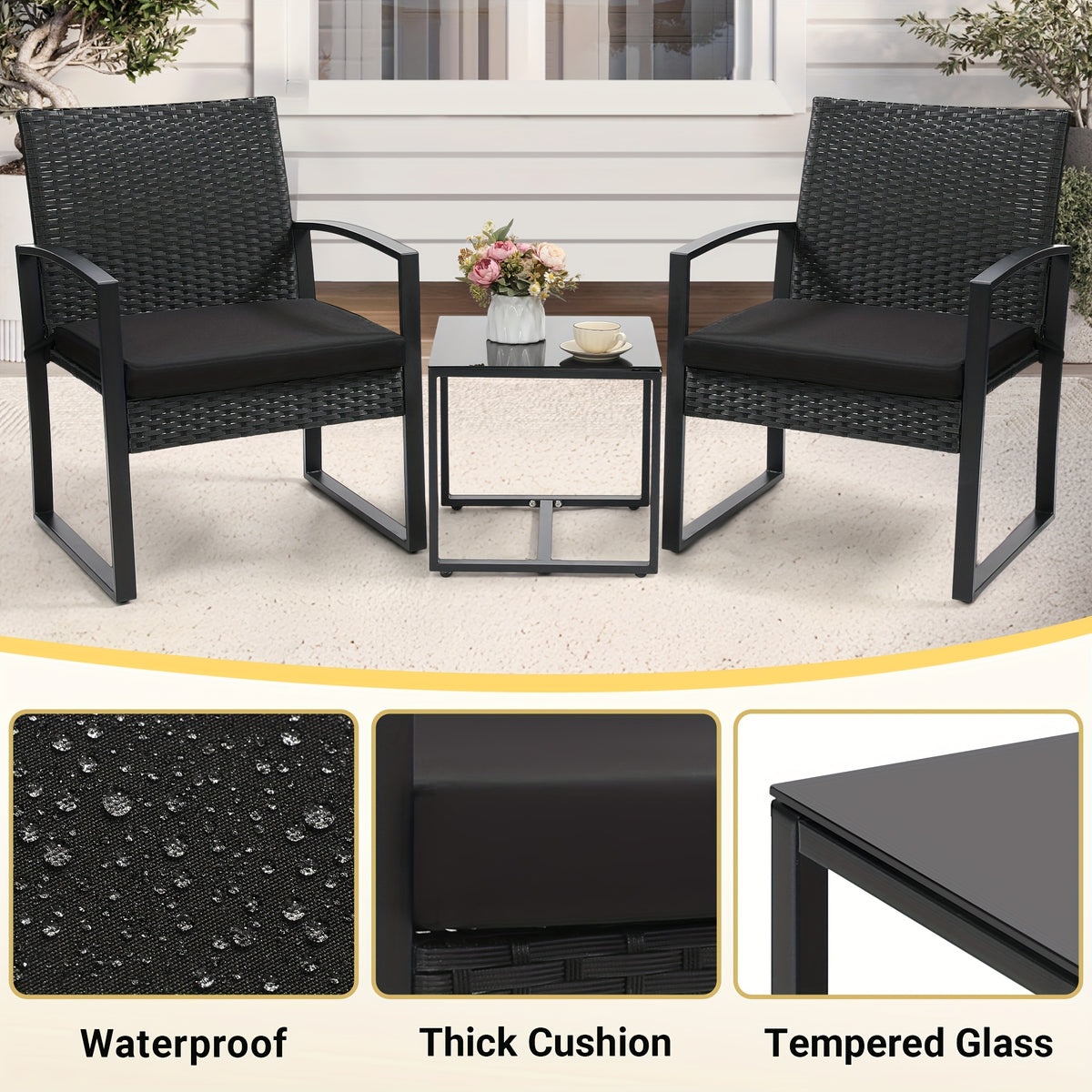 Rattan Bistro Set 3 Piece Outdoor Patio Furniture with 2 Chairs & Glass Top Table, Plush Cushions Conversation Set for Backyard, Balcony and Garden, Black Rattan Frame