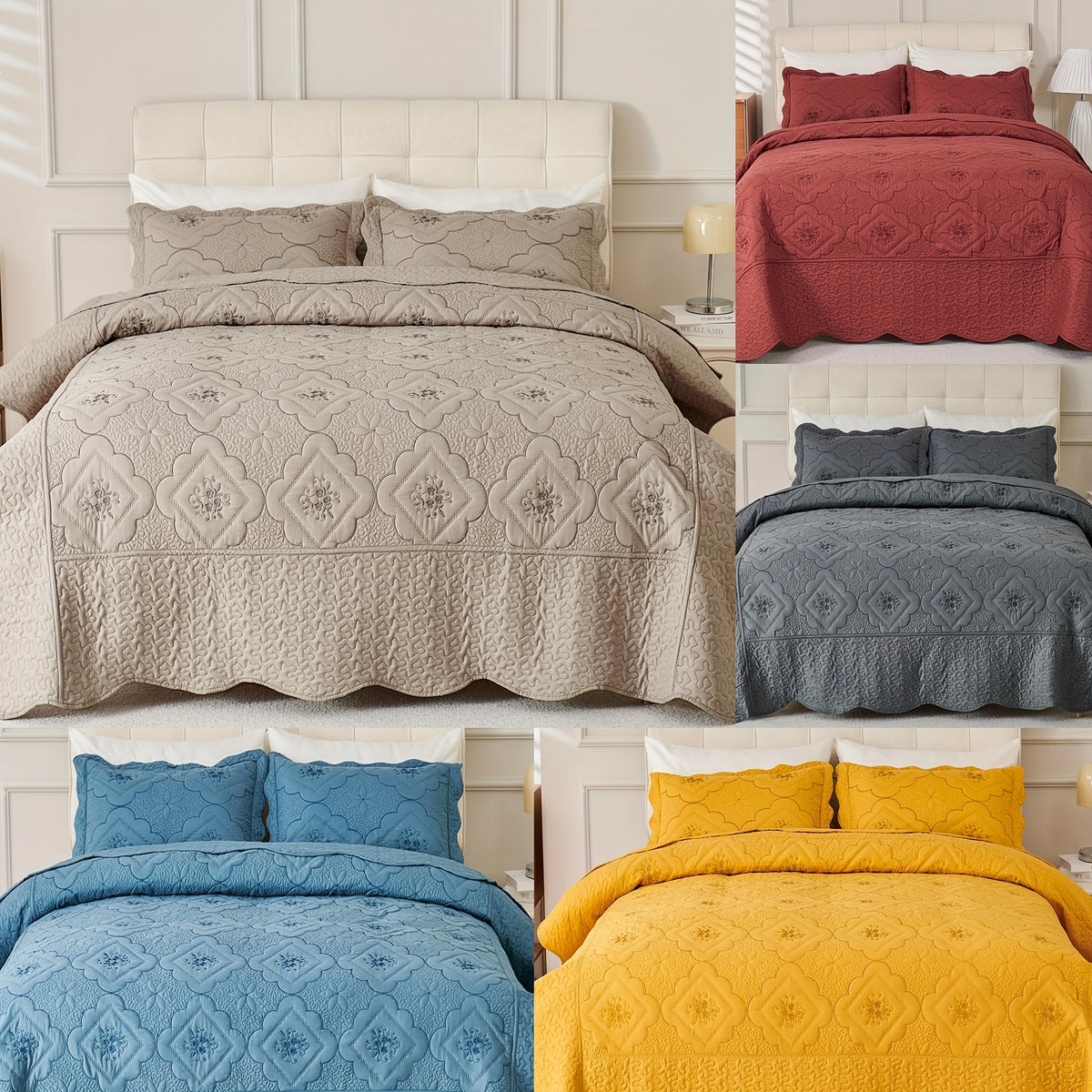 Quilted Embroidered Bedspread Set 3 Pcs – Floral Embroidery, 100% Polyester, Wrinkle-Resistant Lightweight Coverlet for Queen & King Bedroom Decor, 16 Colors