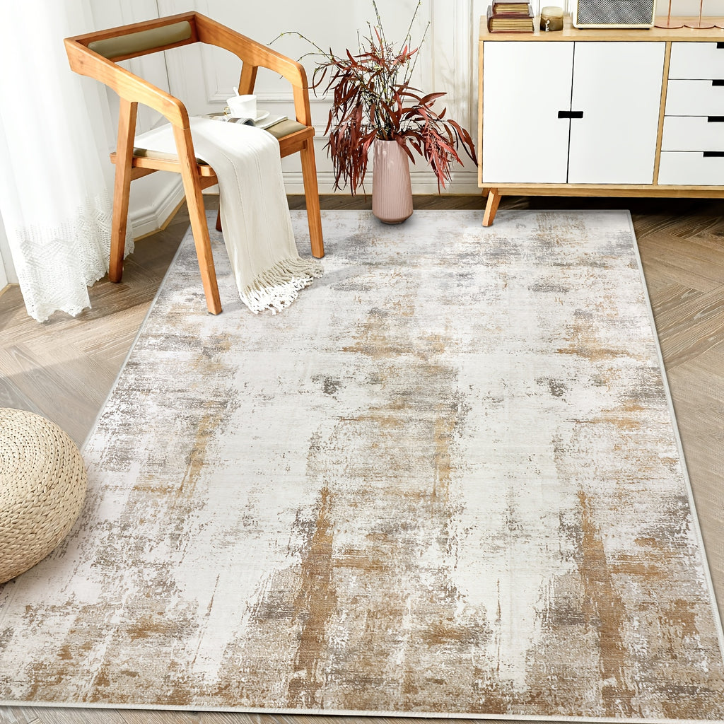 Modern Abstract Area Rug – Non-Slip Rubber Backing Washable Low Pile Rug for Bedroom Kitchen Entryway Dorm | Beige & Camel, 3 Sizes