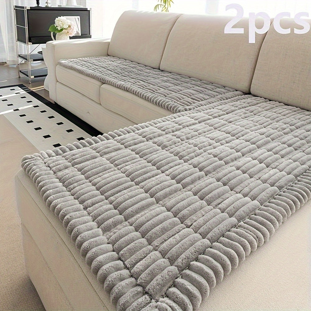 Jacquard Couch Cushion Cover 2pcs Set Solid Color Sofa Seat Cover - Soft Thick Plush Non-Slip Machine Washable Pet Friendly for 2 3 4 Seat Sectional Sofa Living Room Bedroom, 4 Colors