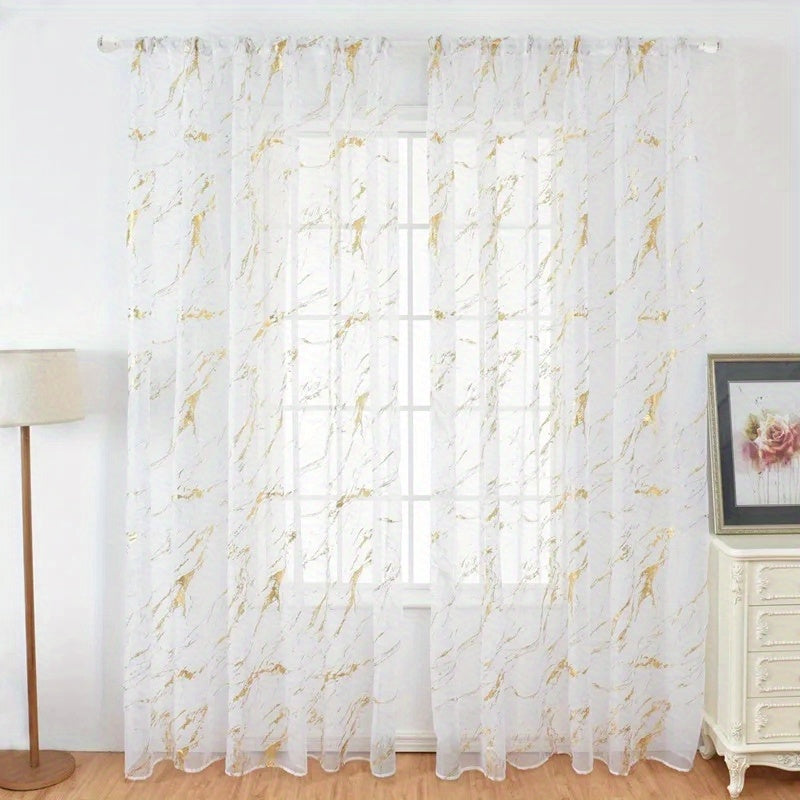 Marble Pattern Sheer Curtains Set of 2, Gold Silver Metallic Foil Semi-Sheer Rod Pocket Panels for Living Room Bedroom, 4 Sizes Available