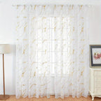 Marble Pattern Sheer Curtains Set of 2, Gold Silver Metallic Foil Semi-Sheer Rod Pocket Panels for Living Room Bedroom, 4 Sizes Available