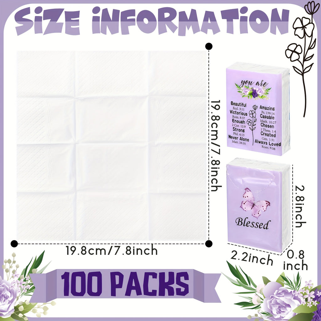 Blessed Pocket Tissues 100 Pack – 3-Ply Individually Wrapped Travel Tissues, Purple Butterfly Lavender Design for Weddings, Graduation & Events