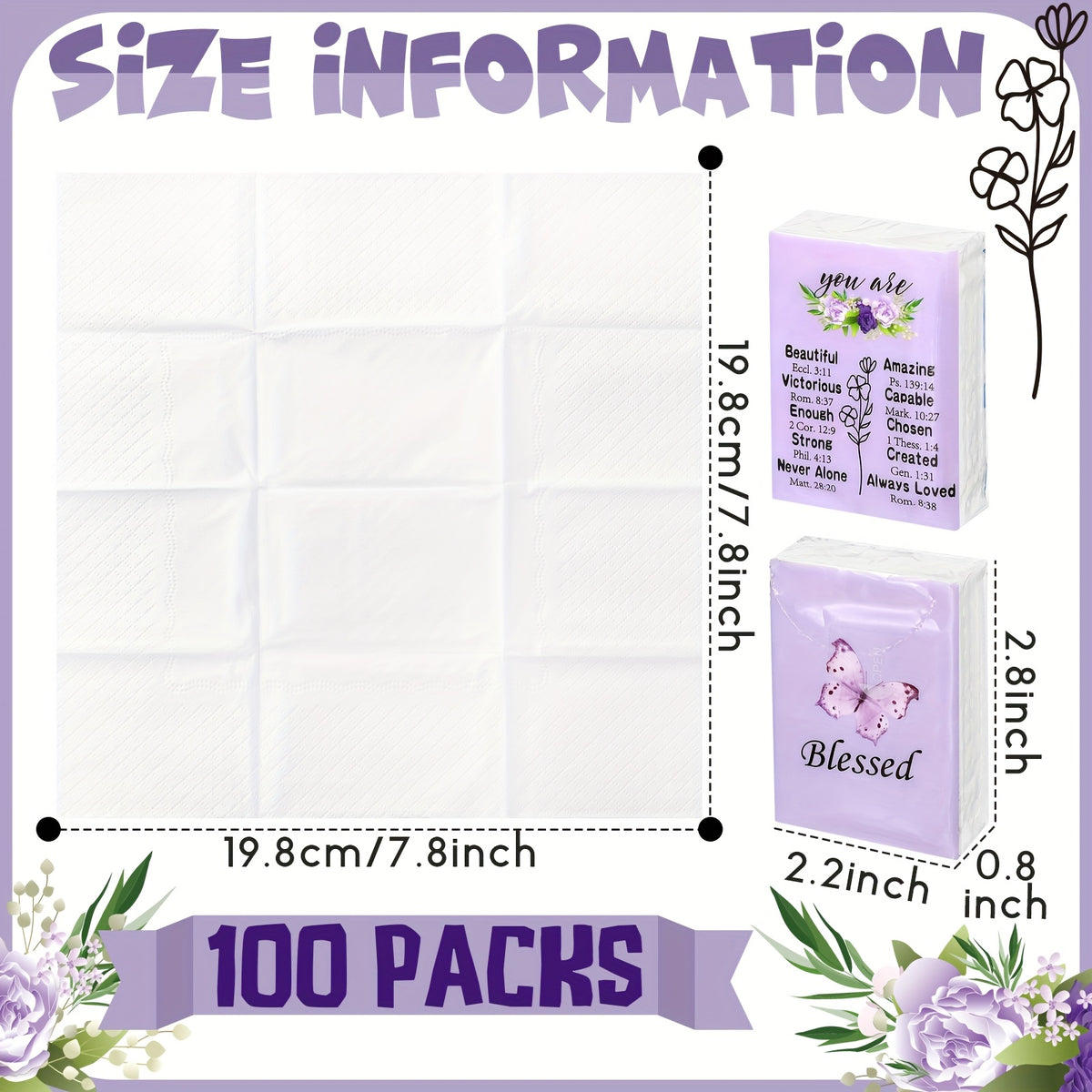 Blessed Pocket Tissues 100 Pack – 3-Ply Individually Wrapped Travel Tissues, Purple Butterfly Lavender Design for Weddings, Graduation & Events