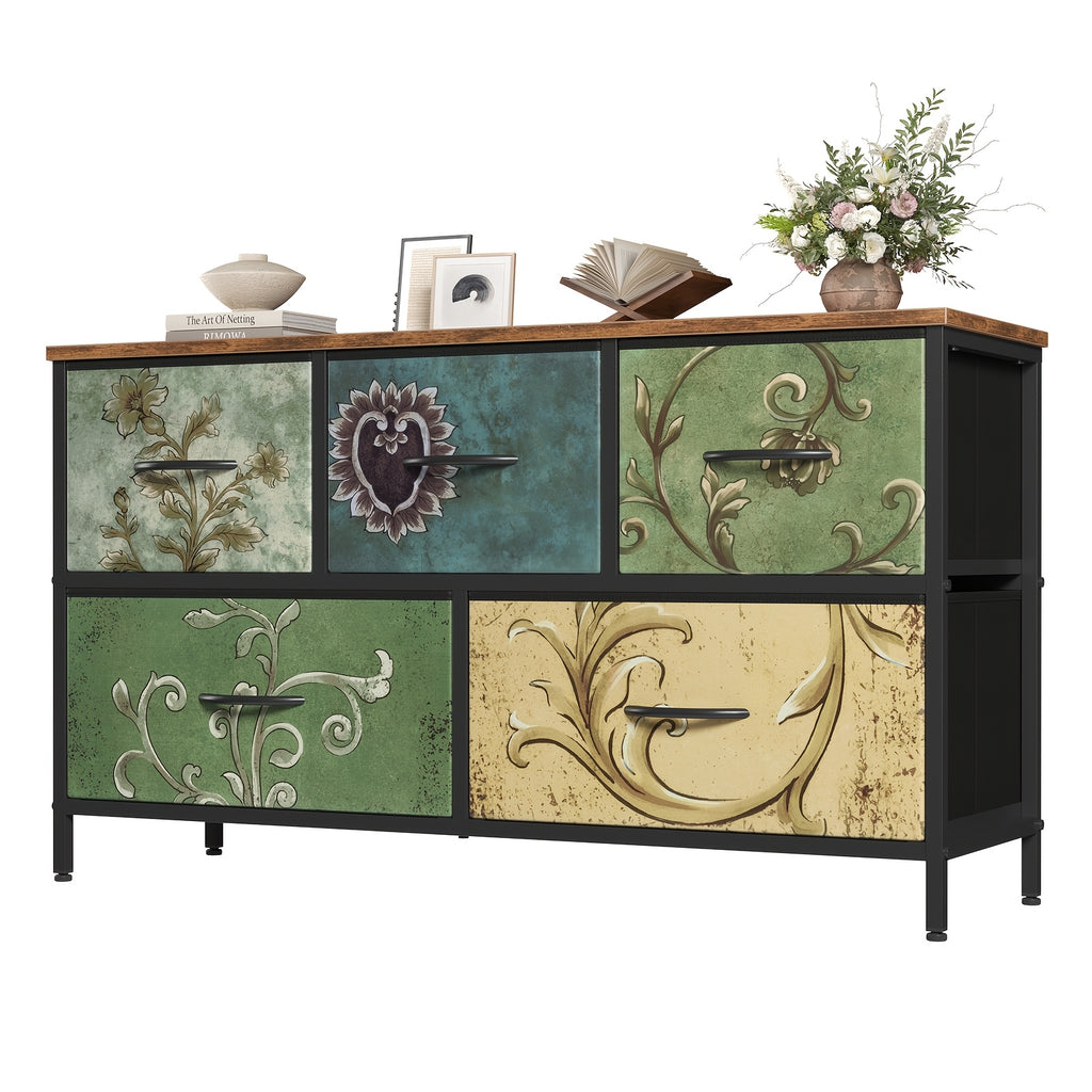 5-Drawer Wide Dresser with Fabric Bins – Freestanding Wood Frame Chest of Drawers, Low Profile Compact Storage Organizer for Bedroom, Hallway, Living Room & Closet, Space-Saving Furniture in Khaki/Green