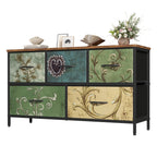 5-Drawer Wide Dresser with Fabric Bins – Freestanding Wood Frame Chest of Drawers, Low Profile Compact Storage Organizer for Bedroom, Hallway, Living Room & Closet, Space-Saving Furniture in Khaki/Green